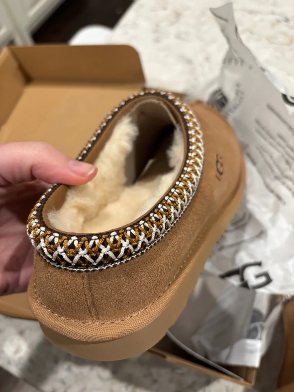 UGG Kids Chestnut Brown Slip-On Clog with Patterned Trim